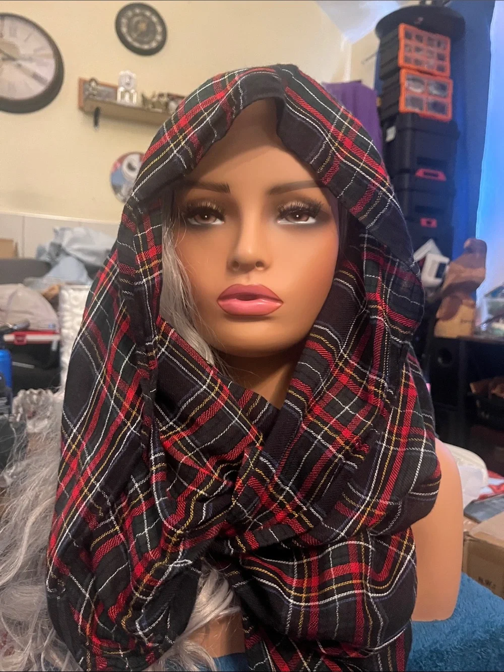 Plaid Scarf - Black & Red -infinity wrap lightweight S23